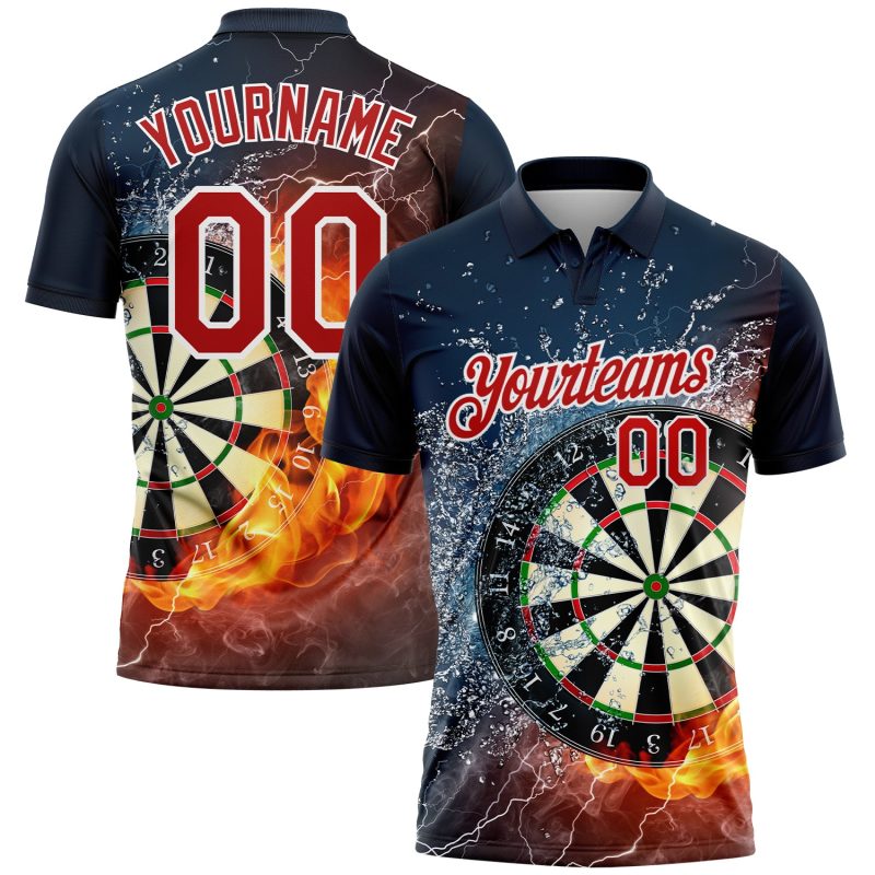 Custom Name Number Flame Dart Board Golf Polo Shirt - Personalized 3D Pattern Black Red White Performance Team Wear Personalized