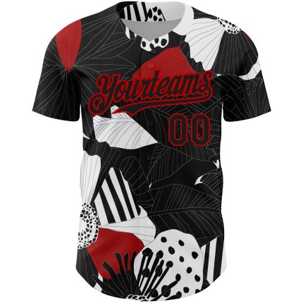 Personalized Custom Name Number Baseball Jersey, Black Red White 3D Floral Design, Authentic Team Apparel Personalized Black