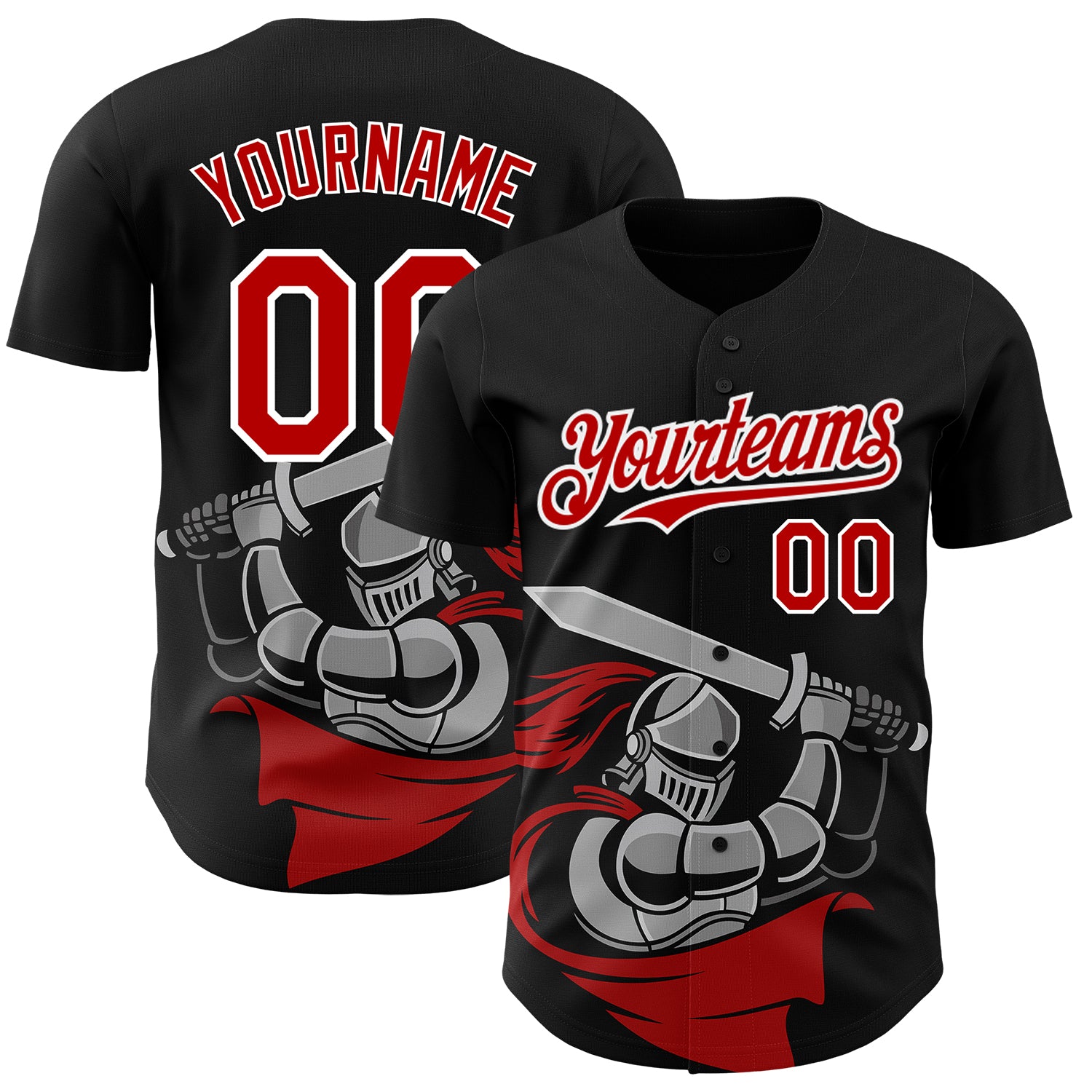 Custom Knight Hero Art 3D Pattern Baseball Jersey - Personalized Black Red-White Design with Name and Number Personalized