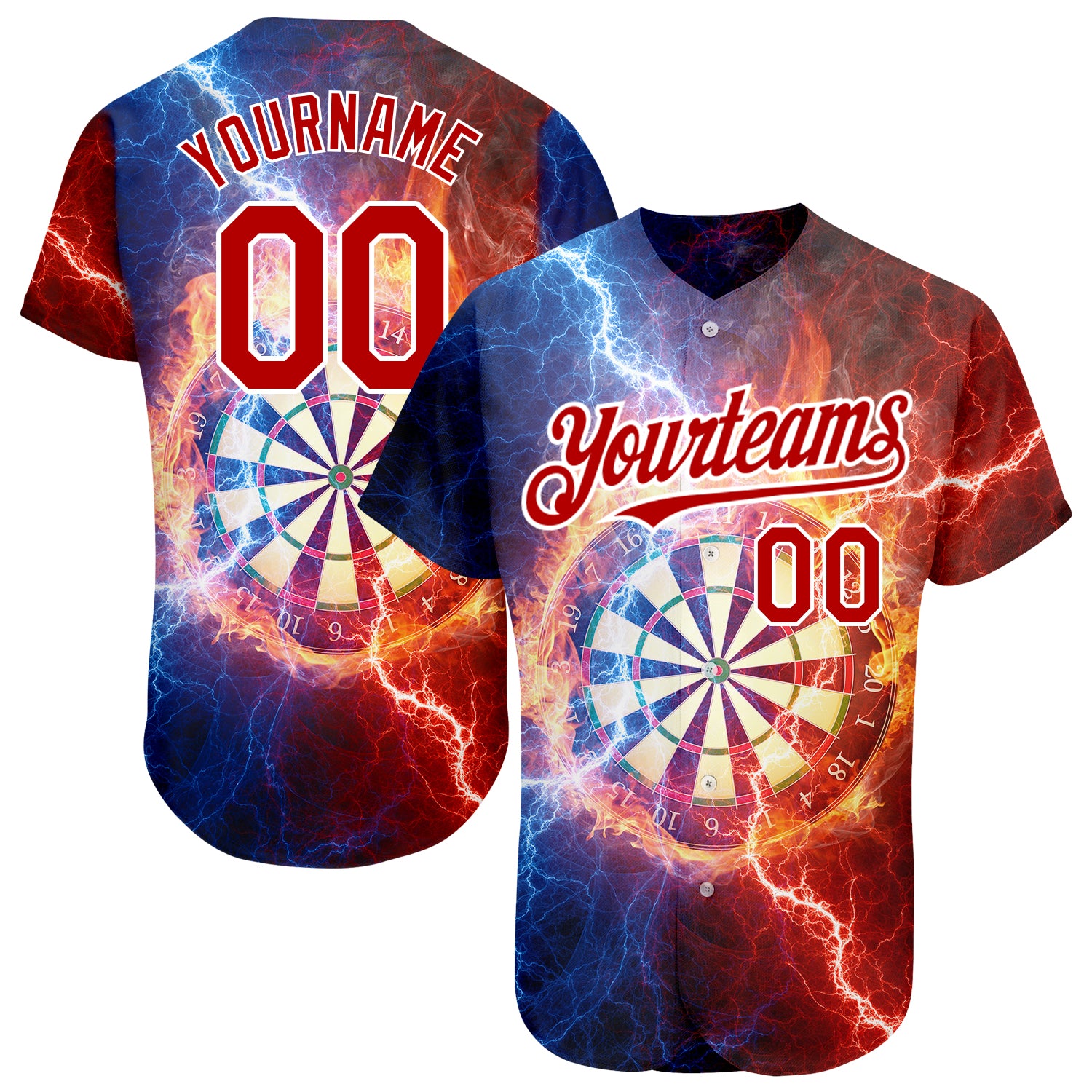 Custom Name and Number Baseball Jersey with Lightning Flame Dart Board 3D Pattern Black Red-White Design Personalized Black