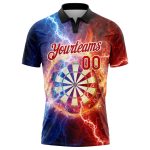 Custom Name Number Golf Polo Shirt - Personalized 3D Lightning Flame Design in Black Red White for Dart Board Performance