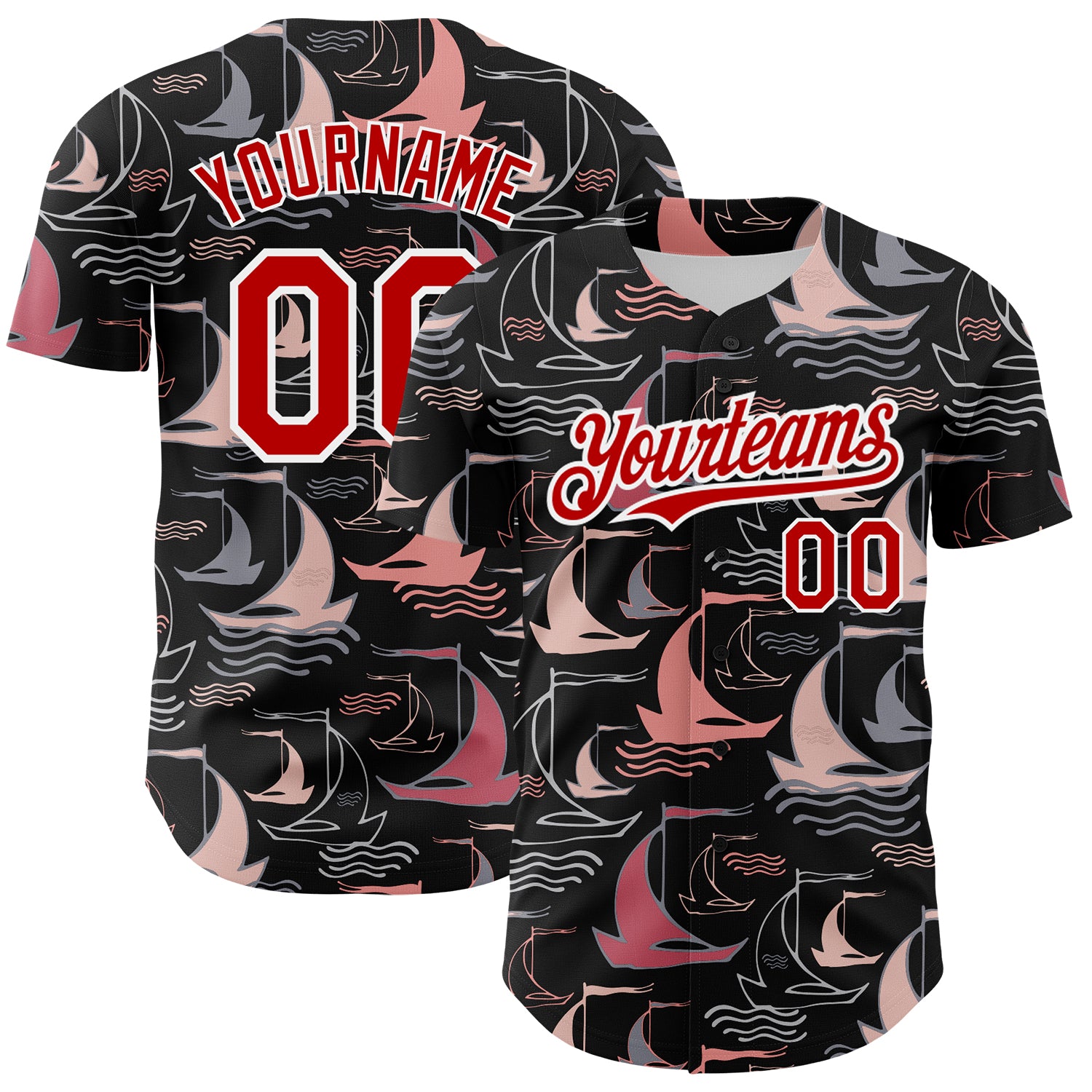 Personalized Sailing Boats 3D Pattern Baseball Jersey in Black Red-White Design Personalized Black Red-White 3D Pattern Design