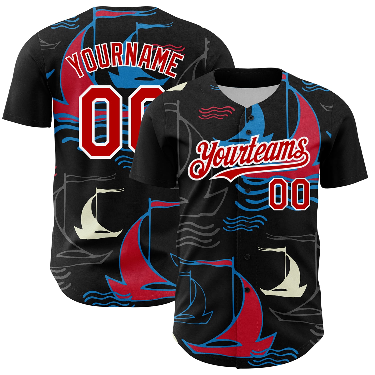 Custom Name and Number Authentic Sailing Boats Baseball Jersey - Personalized 3D Black Red-White Pattern Design Personalized