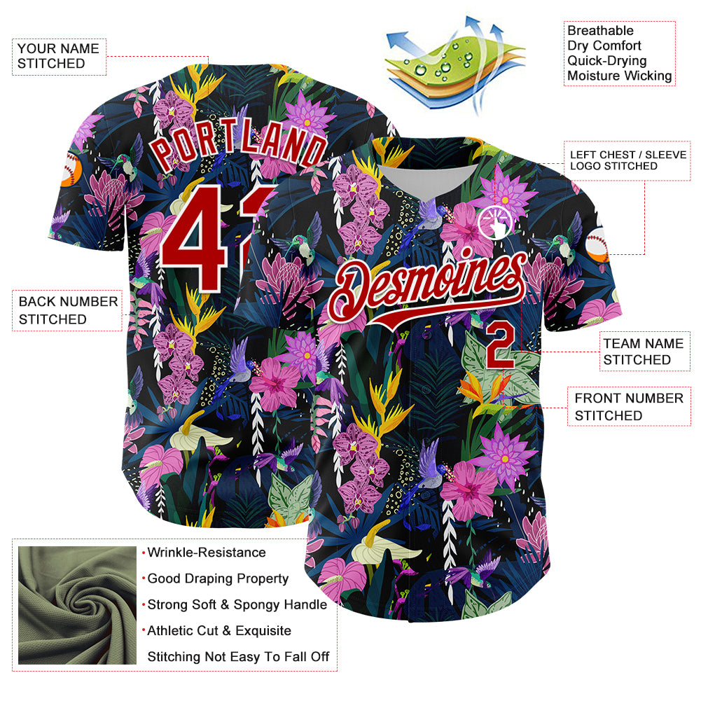 Personalized Black Red-White 3D Pattern Design Tropical Anthurium Flower Authentic Baseball Jersey Personalized Tropical Anthurium Flower Baseball Jersey - Black Red-White 3D Pattern Design Personalized Black Red-White 3D - Image 3