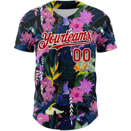 Personalized Tropical Anthurium Flower Baseball Jersey - Black Red-White 3D Pattern Design Personalized Black Red-White 3D