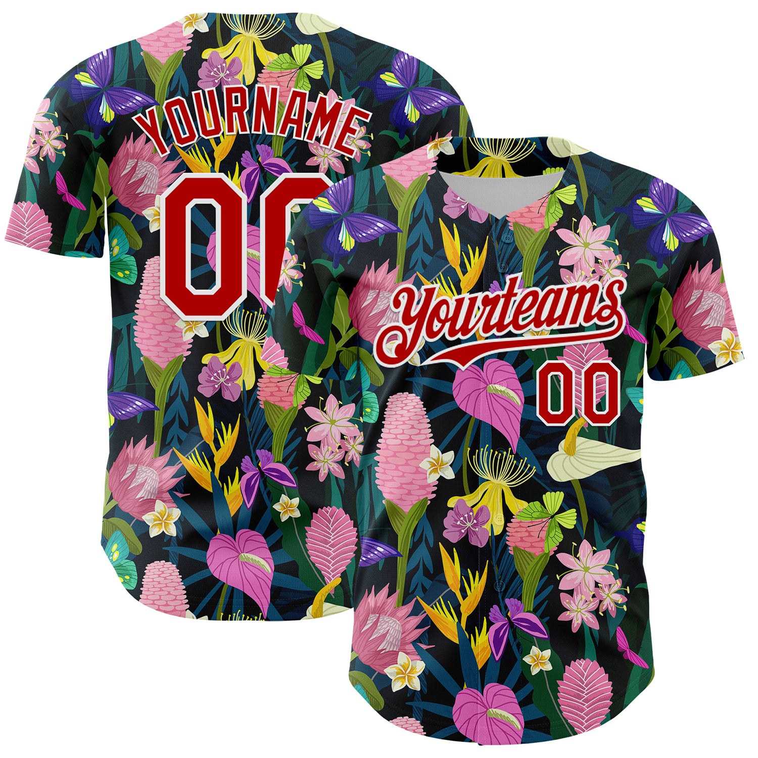 Custom Name Number Baseball Jersey Tropical Anthurium Flower 3D Pattern Design Red White Black Personalized Team Apparel