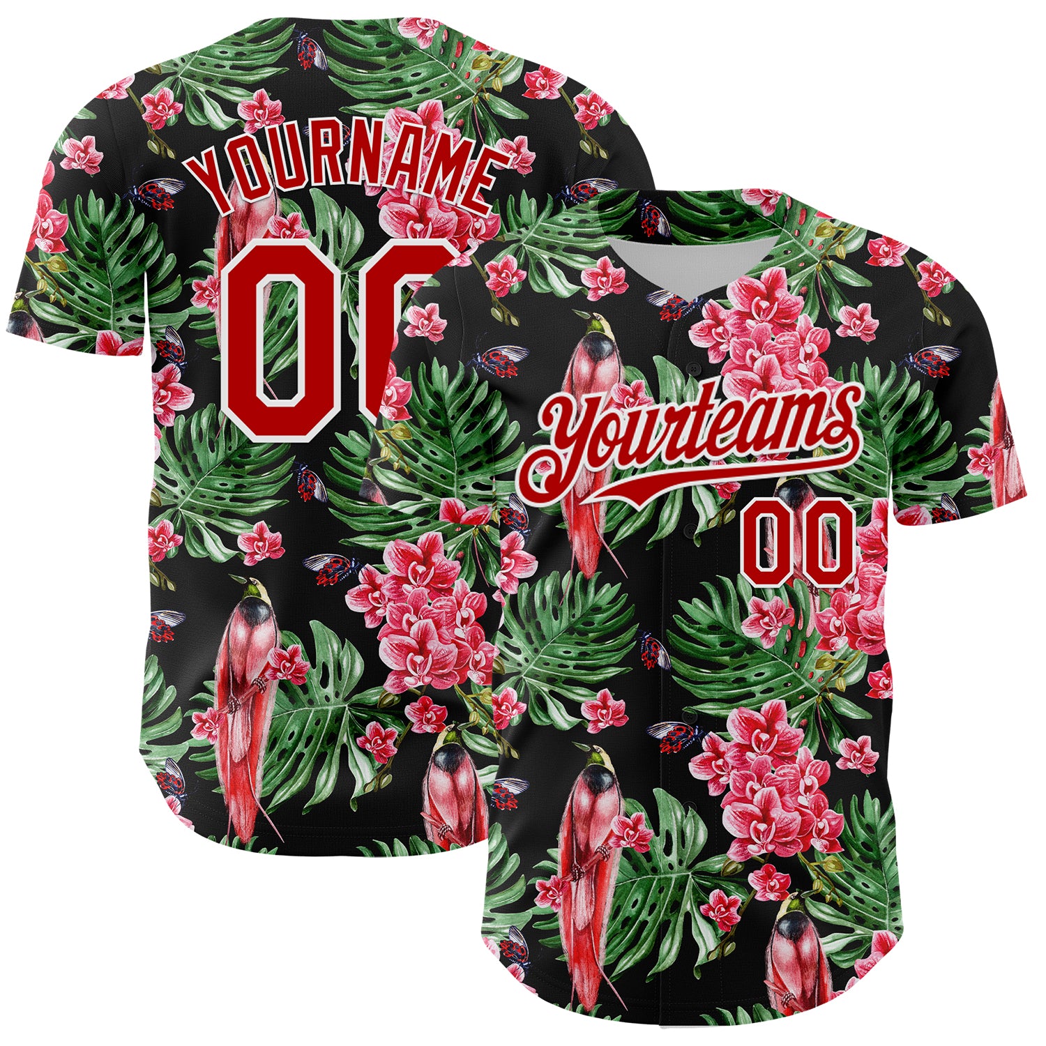 Personalized 3D Pattern Tropical Plant Bird Baseball Jersey - Black Red White Design Personalized Black Red-White 3D Pattern