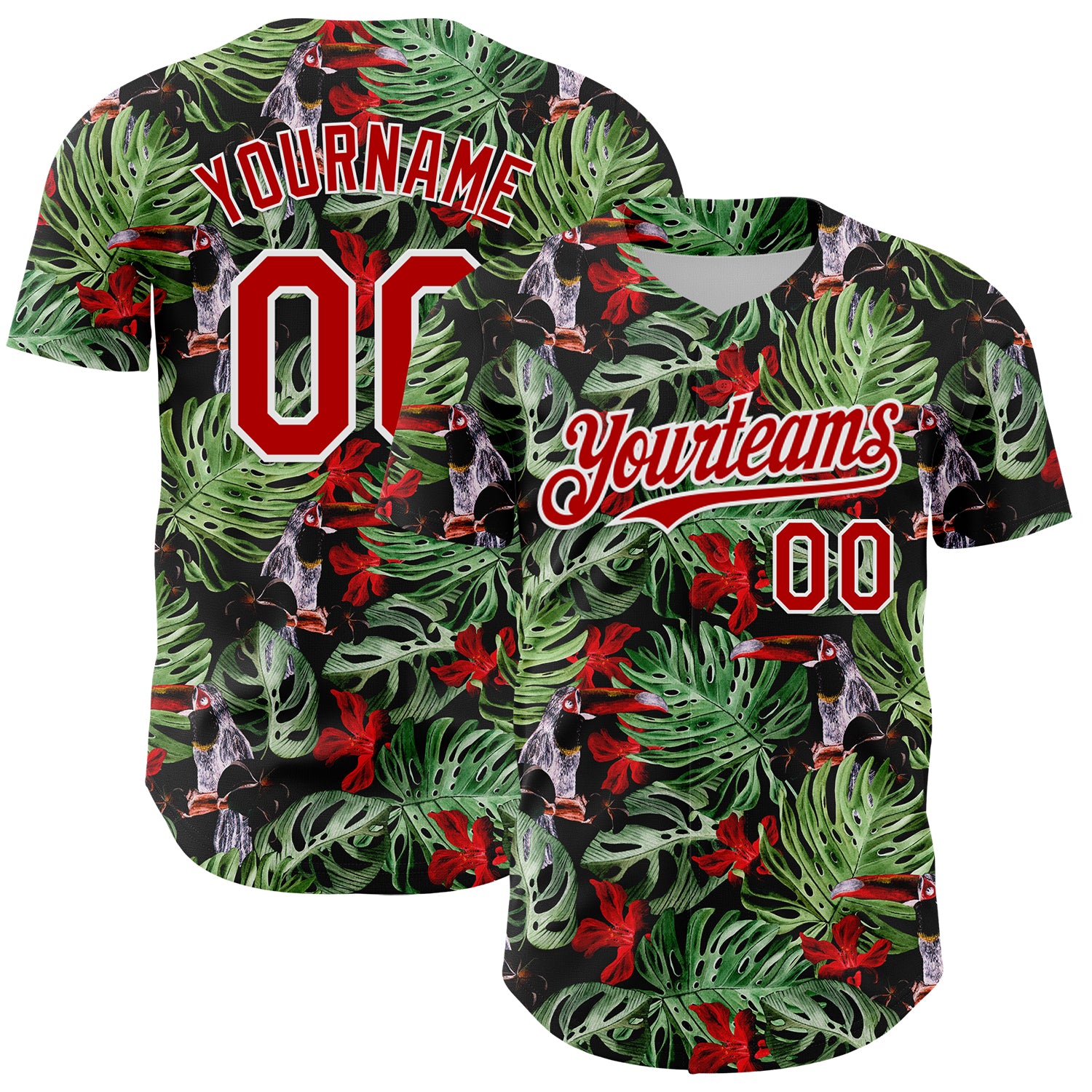 Custom Name and Number Personalized Tropical Plant Bird Baseball Jersey - 3D Pattern Black Red White Design Personalized