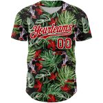Custom Name and Number Personalized Tropical Plant Bird Baseball Jersey - 3D Pattern Black Red White Design Personalized