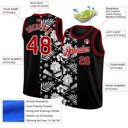 Custom Name Number Basketball Jersey, Hawaii Palm Leaves 3D Pattern, Personalized Black Red White Design Personalized Black