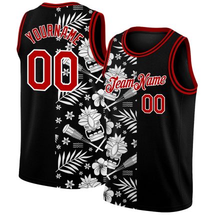 Custom Name Number Basketball Jersey, Hawaii Palm Leaves 3D Pattern, Personalized Black Red White Design Personalized Black