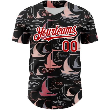 Personalized 3D Sailing Boats Baseball Jersey - Black Red White Design Personalized Black Red-White 3D Sailing Boats Baseball