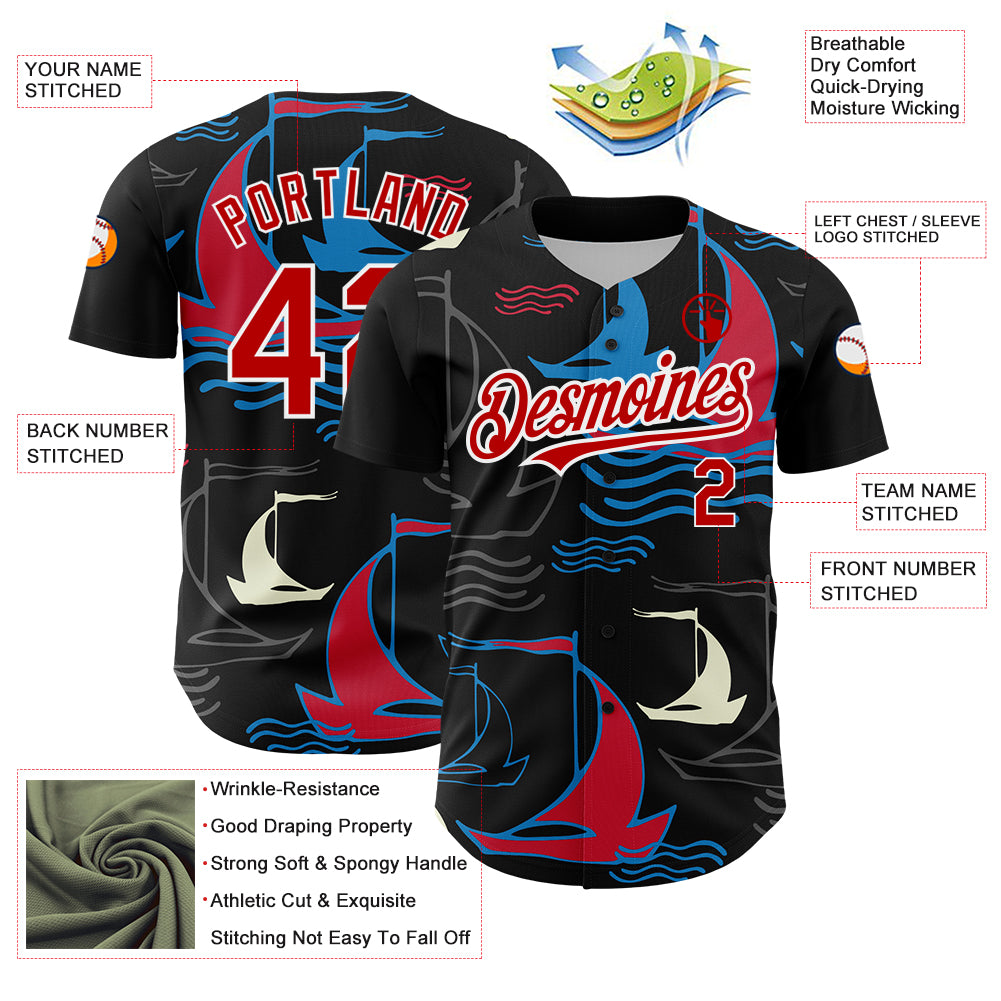 Custom 3D Sailing Boats Baseball Jersey in Black and Red-White Color Design Personalized Black Red-White 3D Sailing Boats - Image 3