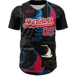 Custom 3D Sailing Boats Baseball Jersey in Black and Red-White Color Design Personalized Black Red-White 3D Sailing Boats