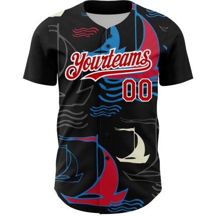 Custom 3D Sailing Boats Baseball Jersey in Black and Red-White Color Design Personalized Black Red-White 3D Sailing Boats