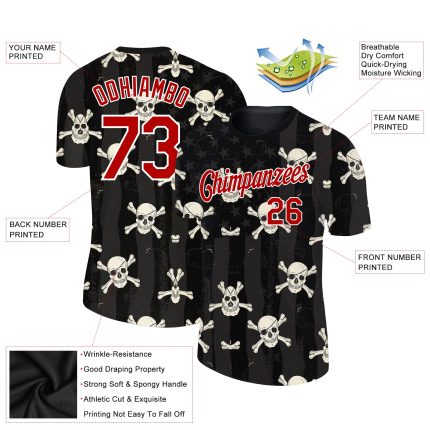 Personalized 3D Skull Fashion Performance T-Shirt in Black Red-White Personalized Black Red-White 3D Skull Fashion Performance