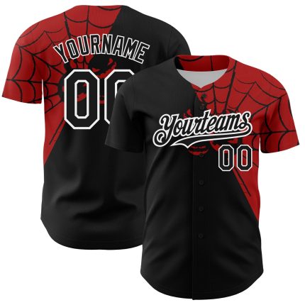 Personalized 3D Spider Web Baseball Jersey in Black Red-White, Custom Sports Apparel for Fans Personalized Black Red-White