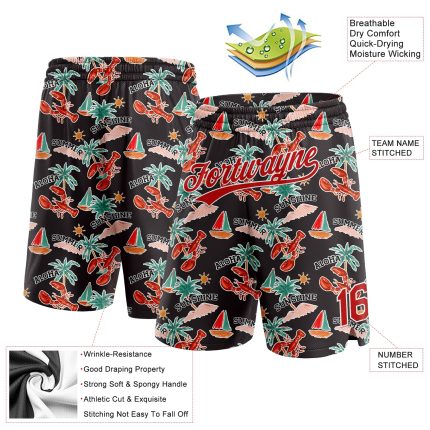 Personalized 3D Basketball Shorts with Palm Trees and Lobster, Black Red-White, Perfect for Sun Beach Hawaii Personalized
