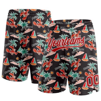 Personalized 3D Basketball Shorts with Palm Trees and Lobster, Black Red-White, Perfect for Sun Beach Hawaii Personalized