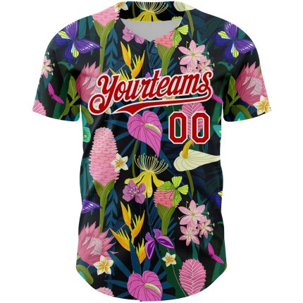 Personalized 3D Tropical Anthurium Flower Baseball Jersey - Black Red White Personalized Black Red-White 3D Tropical Anthurium