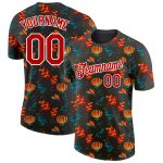 Personalized 3D Tropical Hawaii Flower Performance T-Shirt in Black Red-White Personalized Black Red-White 3D Tropical Hawaii