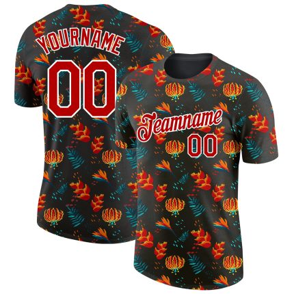 Personalized 3D Tropical Hawaii Flower Performance T-Shirt in Black Red-White Personalized Black Red-White 3D Tropical Hawaii