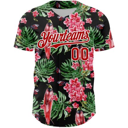Personalized 3D Tropical Plant Bird Baseball Jersey Black Red White Personalized Black Red-White 3D Tropical Plant And Bird