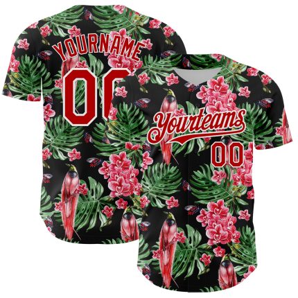 Personalized 3D Tropical Plant Bird Baseball Jersey Black Red White Personalized Black Red-White 3D Tropical Plant And Bird