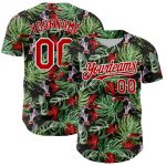 Personalized Tropical Plant and Bird Baseball Jersey in Black Red-White 3D Design Personalized Black Red-White 3D Tropical