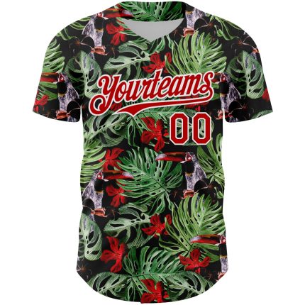 Personalized Tropical Plant and Bird Baseball Jersey in Black Red-White 3D Design Personalized Black Red-White 3D Tropical