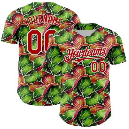 Custom 3D Tropical Plant Baseball Jersey - Black Red White Personalized Apparel Personalized Black Red-White 3D Tropical