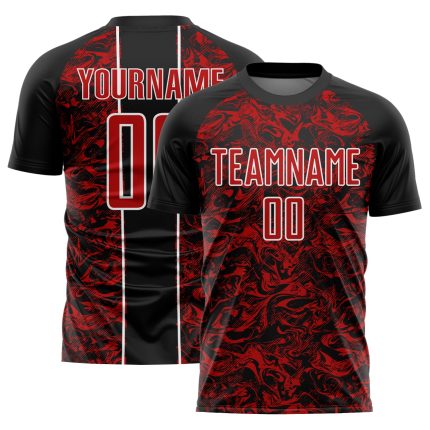 Customizable Black Red-White Abstract Fluid Sublimation Soccer Jersey Uniform Personalized Black Red-White Abstract Fluid