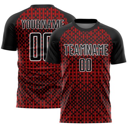 Custom Abstract Geometric Shapes Sublimation Soccer Jersey - Black Red White Design, Uniform 2 Personalized Black Red-White