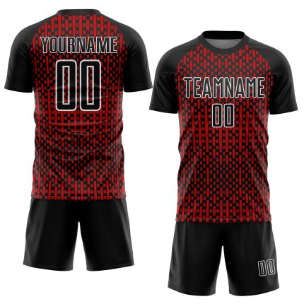 Custom Abstract Geometric Shapes Sublimation Soccer Jersey - Black Red White Design, Uniform 2 Personalized Black Red-White