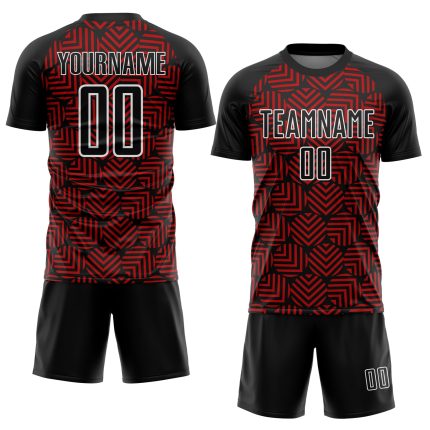 Custom Soccer Jersey with Personalized Name and Number, Black Red-White Abstract Geometric Shapes Design Personalized Black