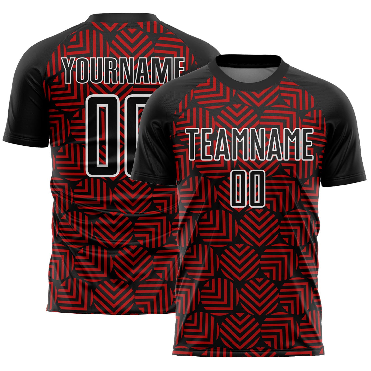 Custom Soccer Jersey with Personalized Name and Number, Black Red-White Abstract Geometric Shapes Design Personalized Black