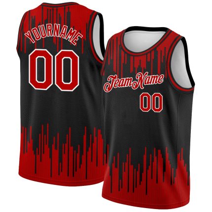 Personalized Abstract Vertical Lines Basketball Jersey, Black Red-White City Edition Personalized Black Red-White Abstract