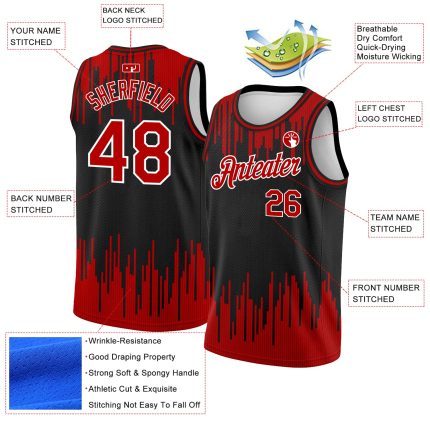 Personalized Abstract Vertical Lines Basketball Jersey, Black Red-White City Edition Personalized Black Red-White Abstract