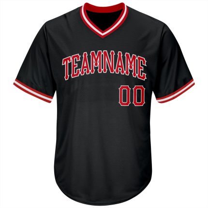 Personalized Authentic Baseball Jersey Shirt - Black Red-White Rib-Knit Design Personalized Black Red-White Authentic Throwback