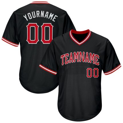 Personalized Authentic Baseball Jersey Shirt - Black Red-White Rib-Knit Design Personalized Black Red-White Authentic Throwback