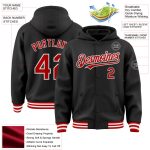 Custom Name Number Varsity Bomber Hoodie Jacket Black Red White Full-Snap Personalized Team Apparel Personalized Black Red-White