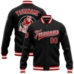 Personalized Varsity Letterman Jacket Bomber in Black, Red and White - Full-Snap Style Personalized Black Red-White Bomber