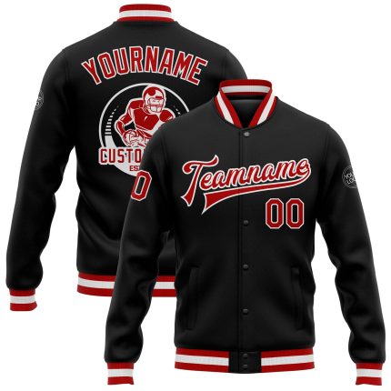 Personalized Varsity Letterman Jacket Bomber in Black, Red and White - Full-Snap Style Personalized Black Red-White Bomber