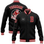 Personalized Varsity Letterman Jacket Black Red White Full-Snap Bomber Personalized Black Red-White Bomber Full-Snap Varsity
