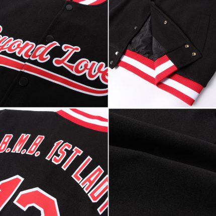 Custom Bomber Jacket with Name & Number in Black, Red, and White - Varsity Letterman Full-Snap Style Personalized Black Red-White