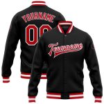 Custom Varsity Letterman Bomber Jacket Black Red White Full-Snap Design Personalized Black Red-White Bomber Full-Snap Varsity