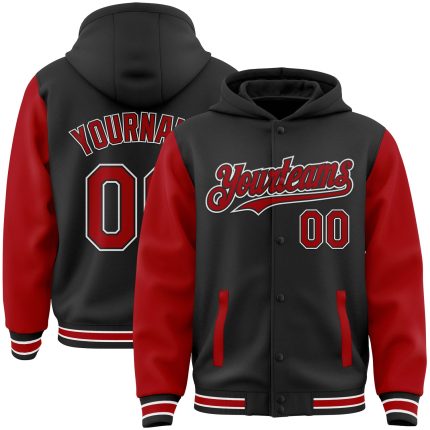 Personalized Two Tone Bomber Hoodie Jacket Black Red-White Varsity Letterman Full-Snap Personalized Black Red-White Bomber