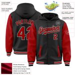 Personalized Two Tone Bomber Hoodie Jacket Black Red-White Varsity Letterman Full-Snap Personalized Black Red-White Bomber