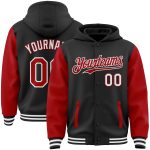 Custom Name Number Black Red-White Varsity Letterman Two Tone Bomber Hoodie Jacket Personalized Black Red-White Bomber Full-Snap