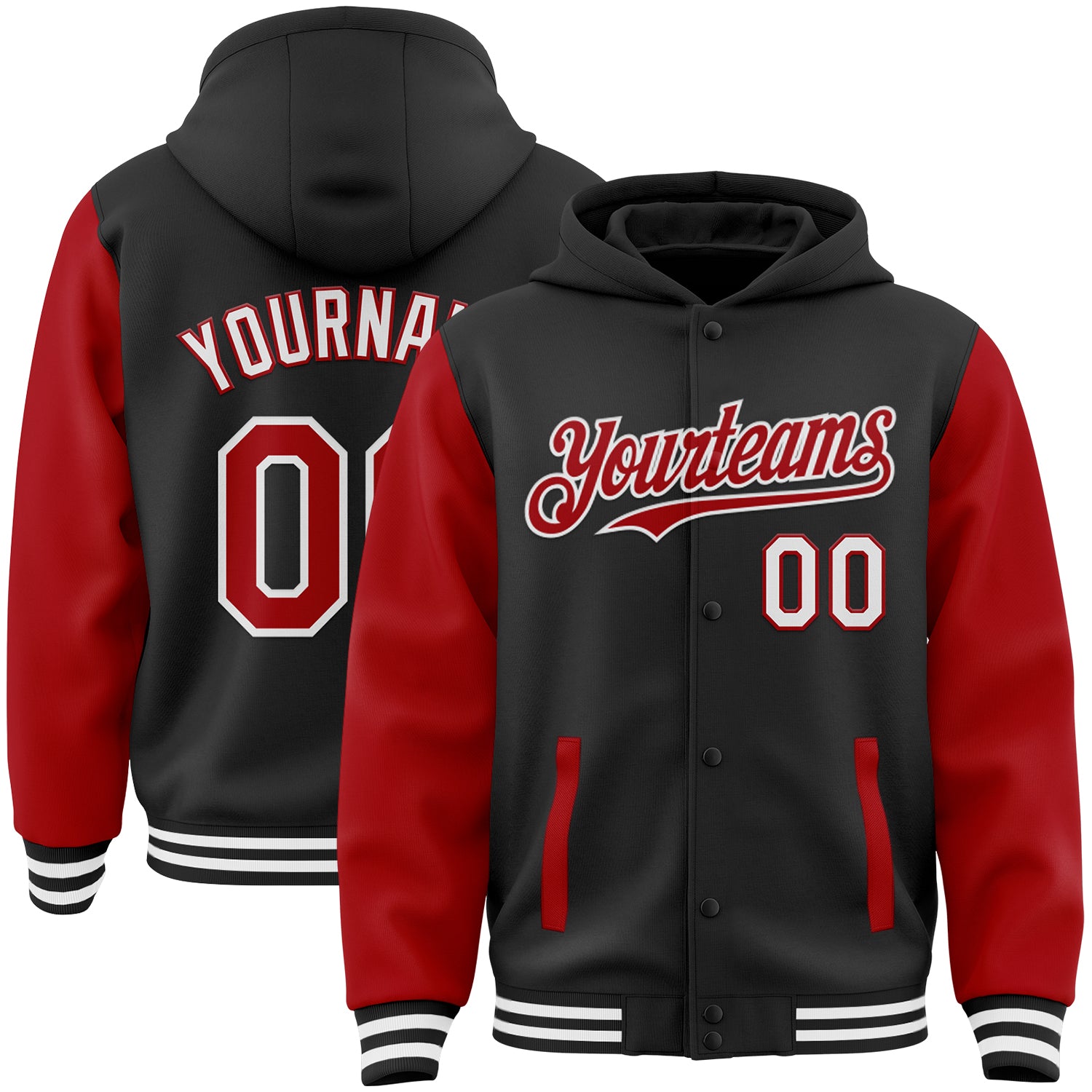 Custom Name Number Black Red-White Varsity Letterman Two Tone Bomber Hoodie Jacket Personalized Black Red-White Bomber Full-Snap